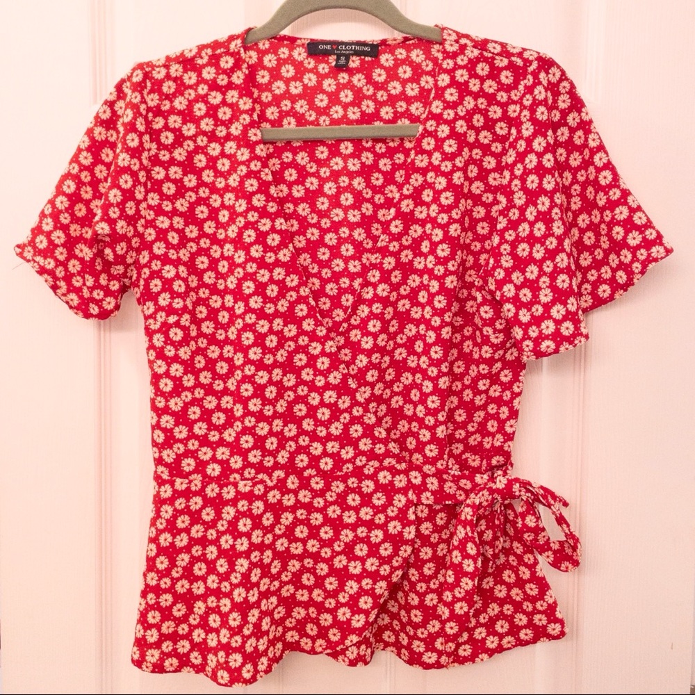 Red floral wrap blouse | One Clothing Los Angeles